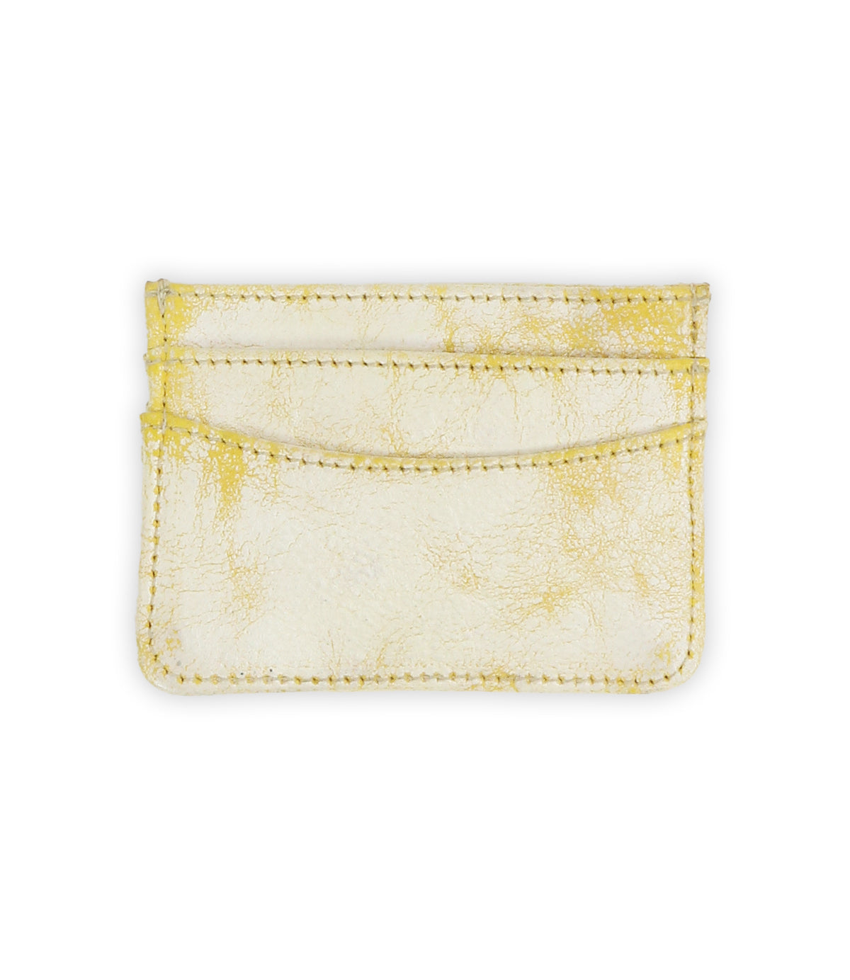The Chuck by Bed|Stü is a small, rectangular card wallet crafted from textured material in a yellowish-white hue, featuring visible stitching. Shown against a plain white background, it's the perfect compact accessory for everyday carry.