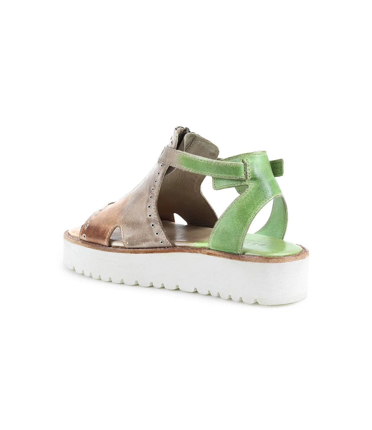 The Bed|Stü Clancy sandal, featuring a brown and green cutout leather design, an open heel, cushioned insole, white platform sole, and an ankle strap, is displayed on a white background.