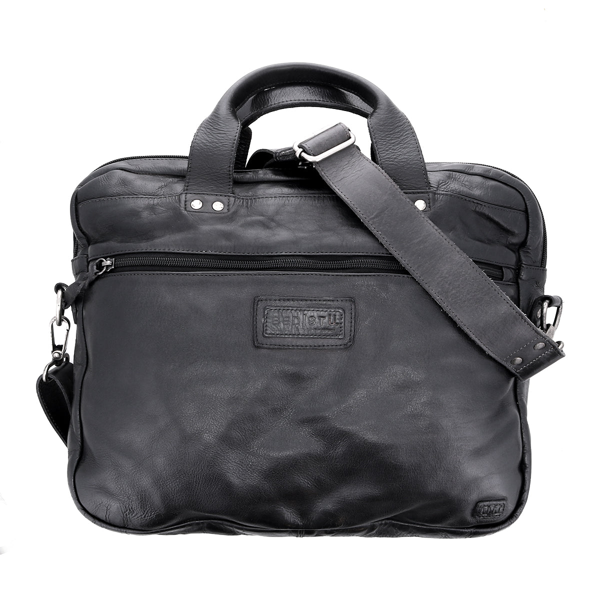 Introducing Conclusion by Bed|Stü—a black messenger bag made from vegetable-tanned leather. Designed with two handles, a front zip pocket, and an adjustable shoulder strap, this elegant laptop bag features a dedicated laptop compartment, showcased against a white background.