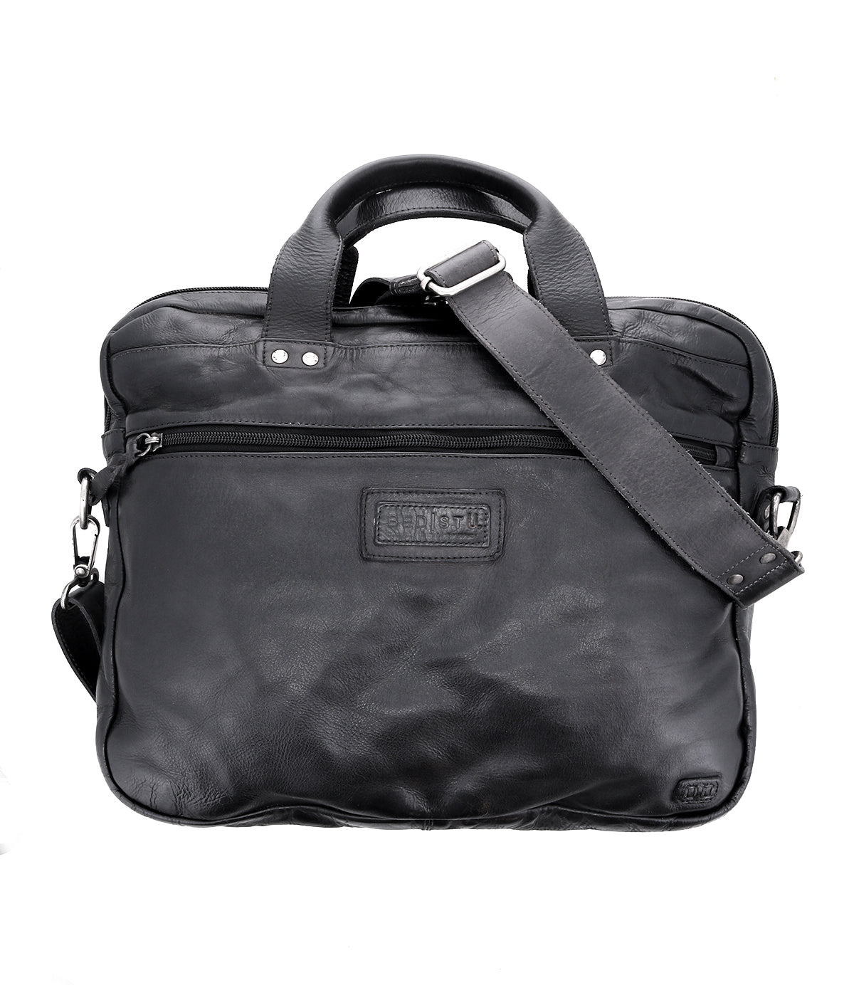 Introducing Conclusion by Bed|Stü—a black messenger bag made from vegetable-tanned leather. Designed with two handles, a front zip pocket, and an adjustable shoulder strap, this elegant laptop bag features a dedicated laptop compartment, showcased against a white background.