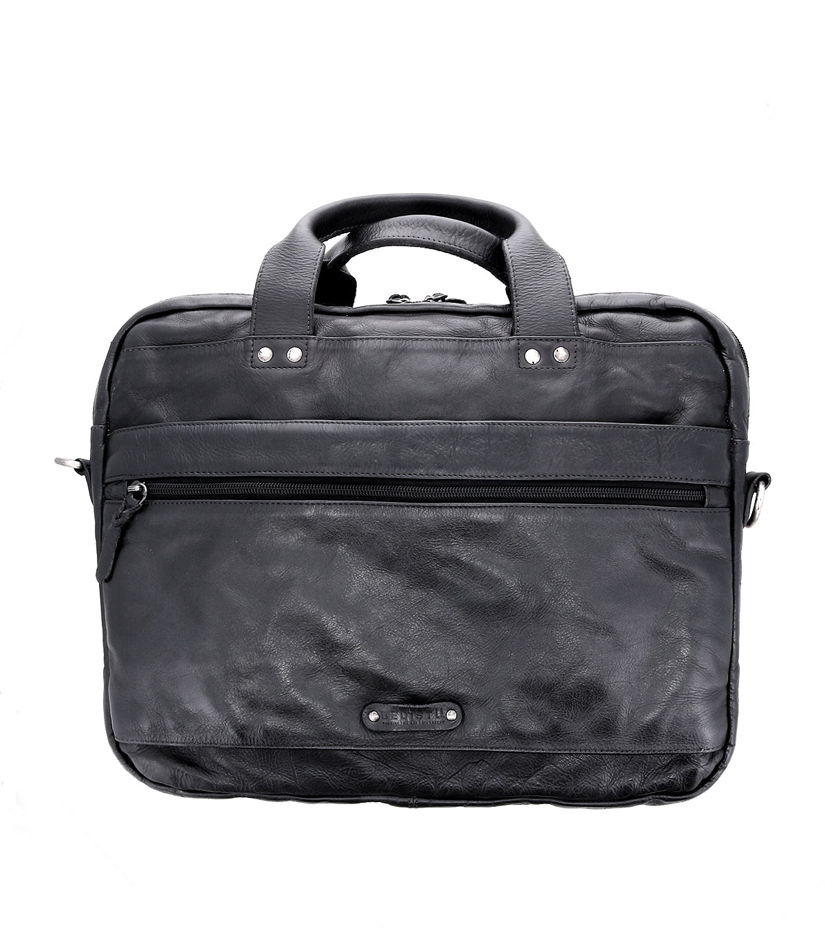 The Bed|Stü Conclusion is a black leather briefcase featuring top handles, a dedicated laptop compartment, a front zippered pocket, and adorned with a small rectangular logo at the bottom center.