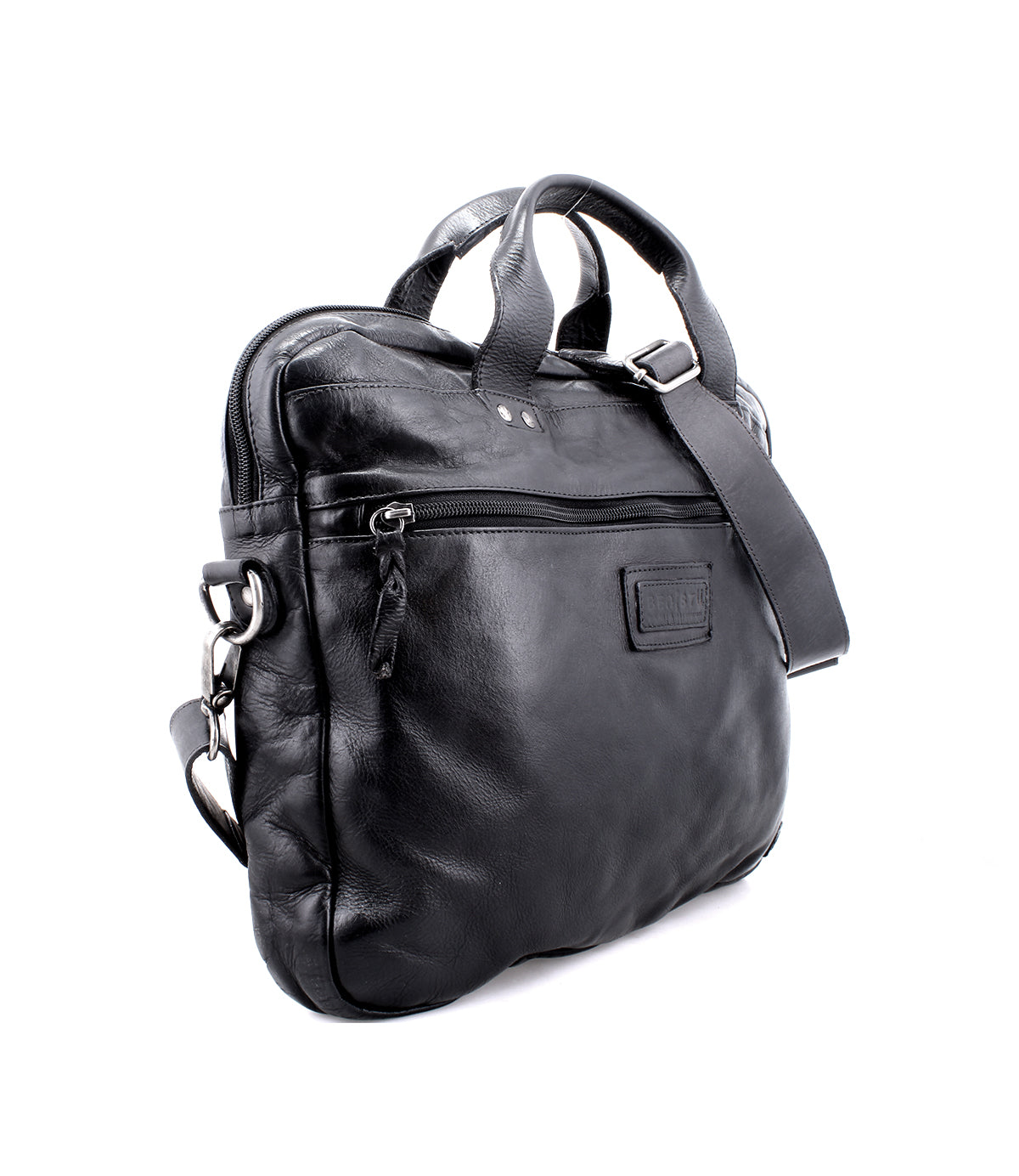 The Bed|Stü Conclusion messenger bag, crafted from black leather, includes a dedicated laptop compartment, a front zippered pocket, top handles, and an adjustable shoulder strap, displayed against a white background.