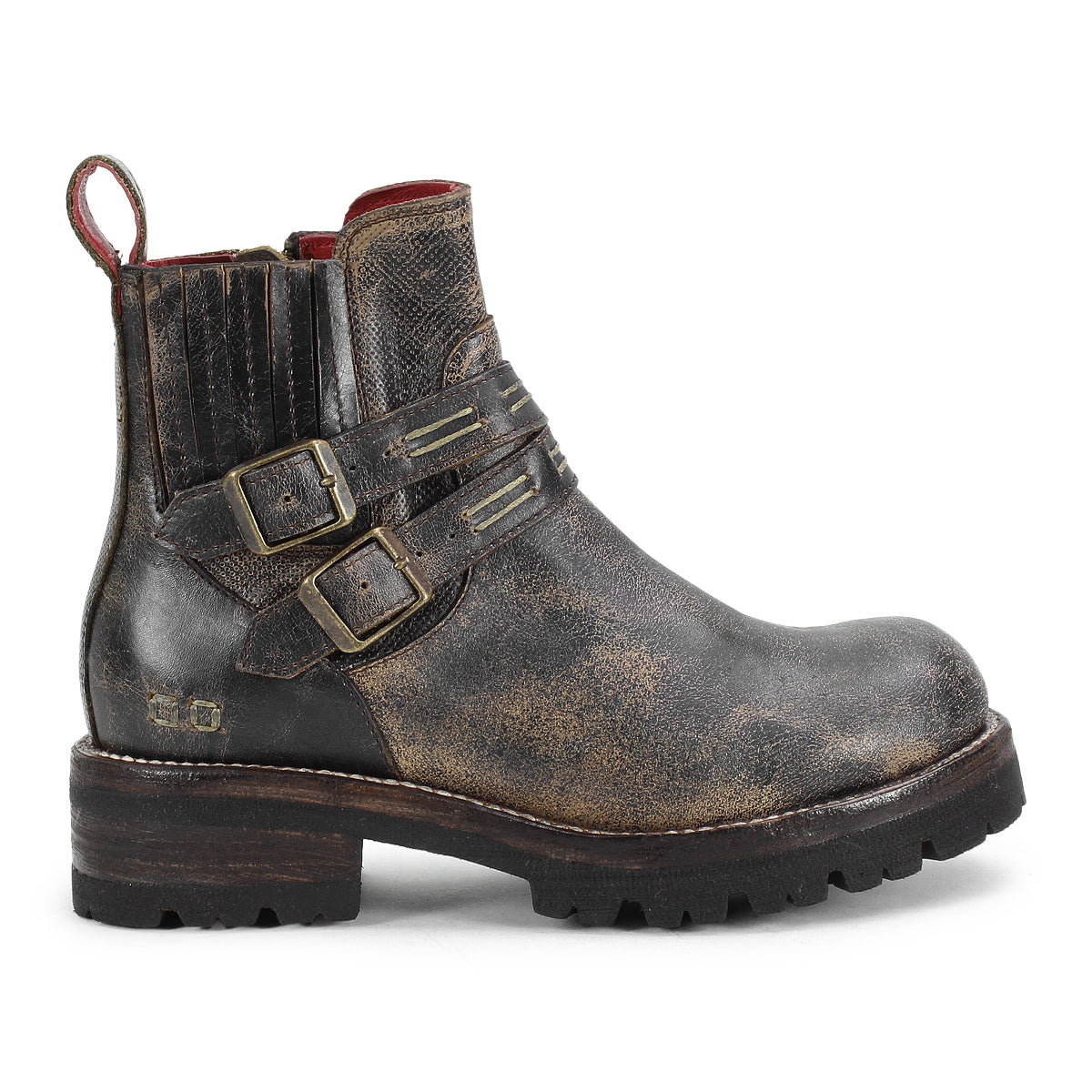 The Bed|Stü Daring boot is displayed in side profile against a white background—this single distressed leather ankle boot features two buckles, a low stacked heel, and a rugged rubber sole, making it an ideal choice for those seeking stylish yet durable rugged boots.