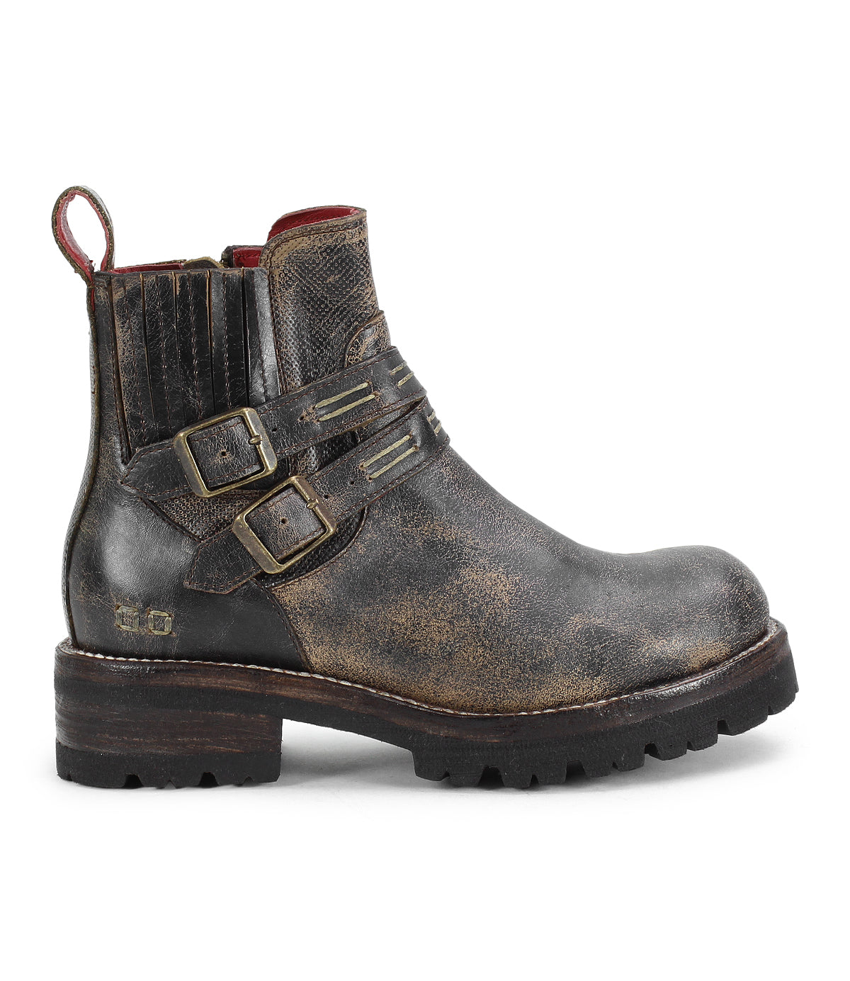 The Bed|Stü Daring boot is displayed in side profile against a white background—this single distressed leather ankle boot features two buckles, a low stacked heel, and a rugged rubber sole, making it an ideal choice for those seeking stylish yet durable rugged boots.