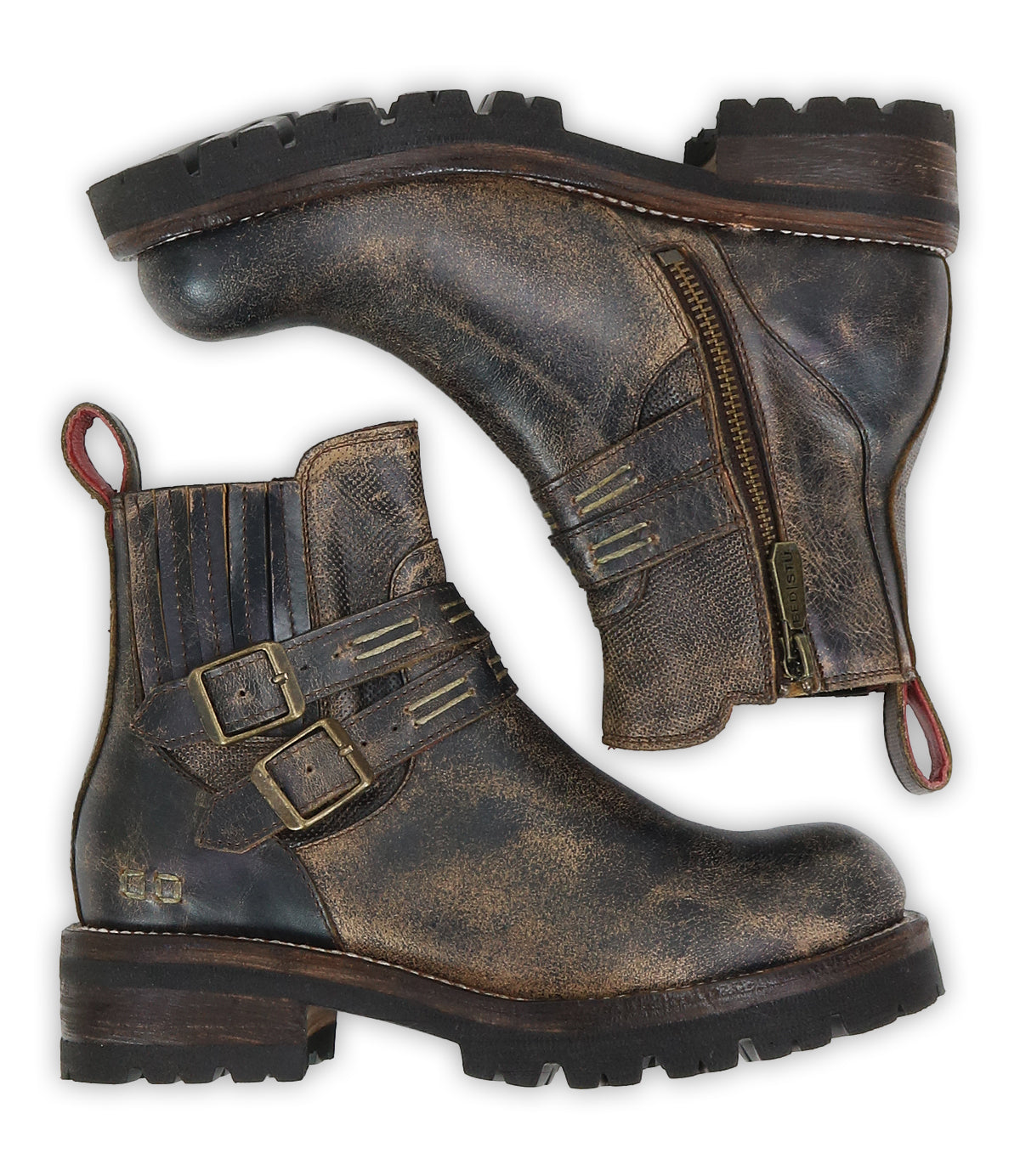 Introducing Daring by Bed|Stü: rugged brown leather ankle boots featuring buckles, side zippers, and distinctive red pull tabs. Shown in both side and sole views, these stacked heel boots are ideal for those seeking sturdy yet stylish footwear.
