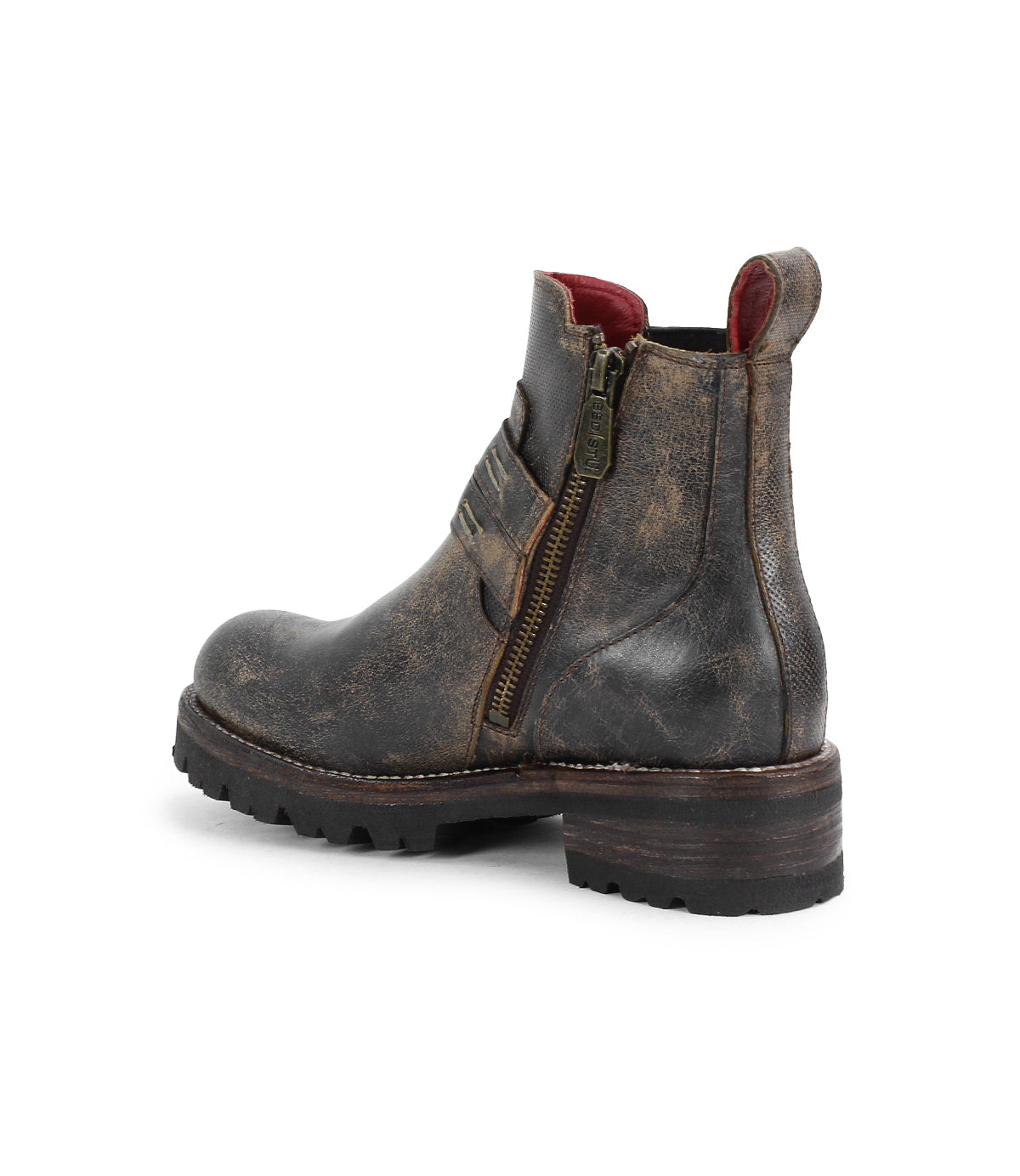 The Bed|Stü Daring is a rugged, distressed brown leather ankle boot featuring a chunky sole, side zipper, and visible red lining, displayed against a white background.