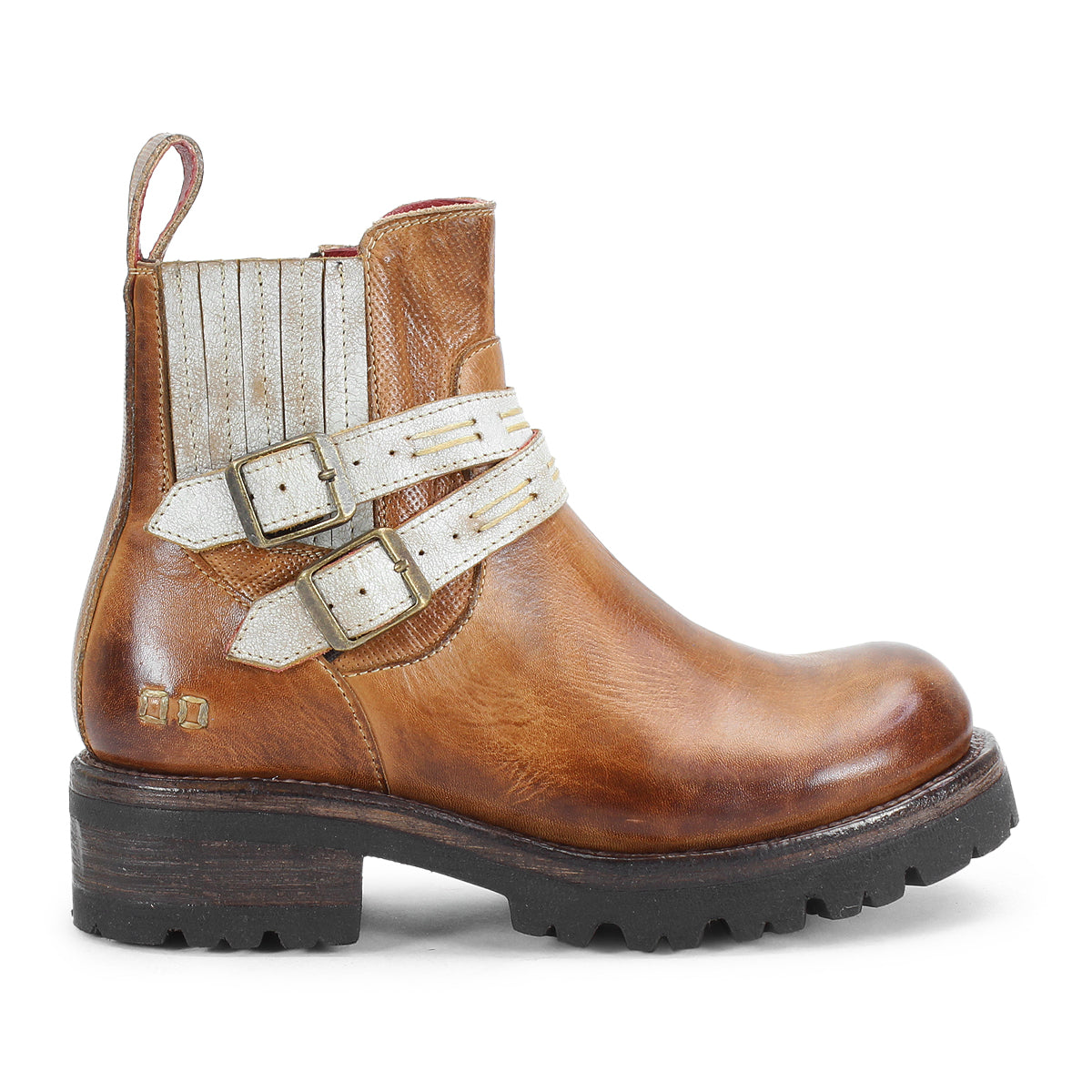 Introducing the Daring by Bed|Stü—a brown leather ankle boot featuring a rugged sole, distinctive white-striped elastic side panels, and two white straps with metal buckles, expertly crafted for both durability and standout style.