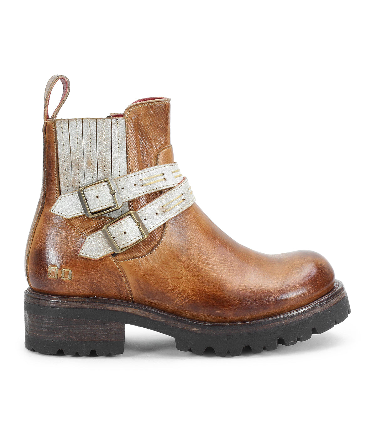 Introducing the Daring by Bed|Stü—a brown leather ankle boot featuring a rugged sole, distinctive white-striped elastic side panels, and two white straps with metal buckles, expertly crafted for both durability and standout style.