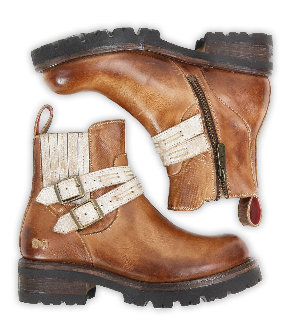 Bed|Stü "Daring" ankle boots in brown leather, featuring a rugged design with cream straps, buckles, and side zippers, displayed from the side and top view on a white background.