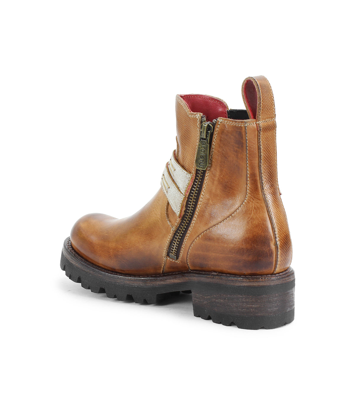 Introducing Daring by Bed|Stü: brown leather ankle boots featuring a distinctive white strap detail, side zipper, bold red lining, pull tab, and a chunky black sole—these rugged boots are the epitome of striking style and everyday durability.