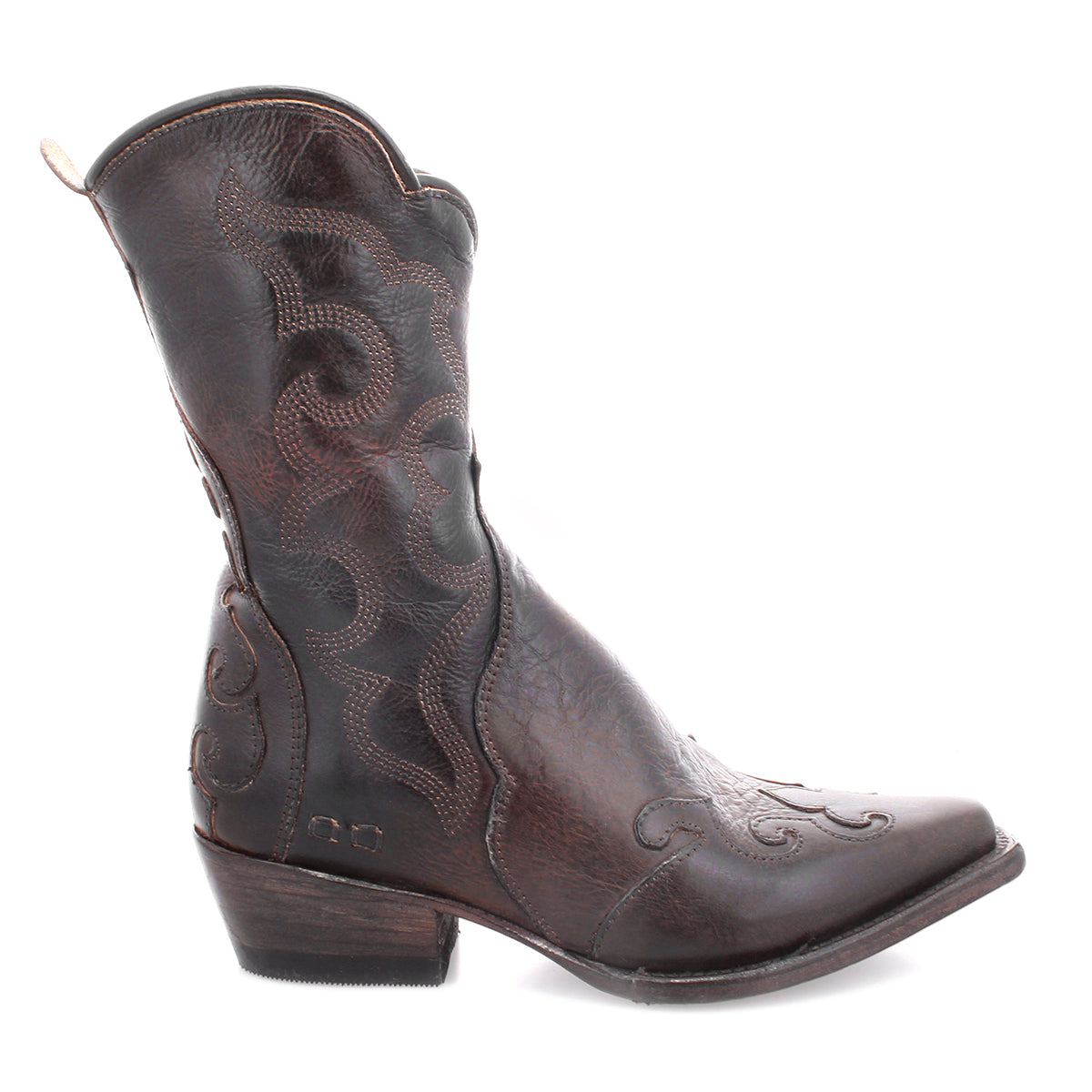 A single Deuce cowboy boot by Bed|Stü, crafted from dark brown vegetable-tanned leather with detailed stitching, a medium heel, and a pointed toe, is displayed in side profile against a white background.