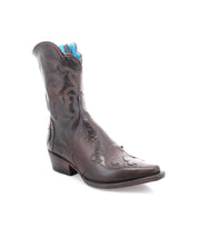 The Deuce by Bed|Stü is a single brown Western boot made from vegetable-tanned leather, showcasing detailed stitching, a pointed toe, blue inner lining, and a low angled heel, displayed on a white background.