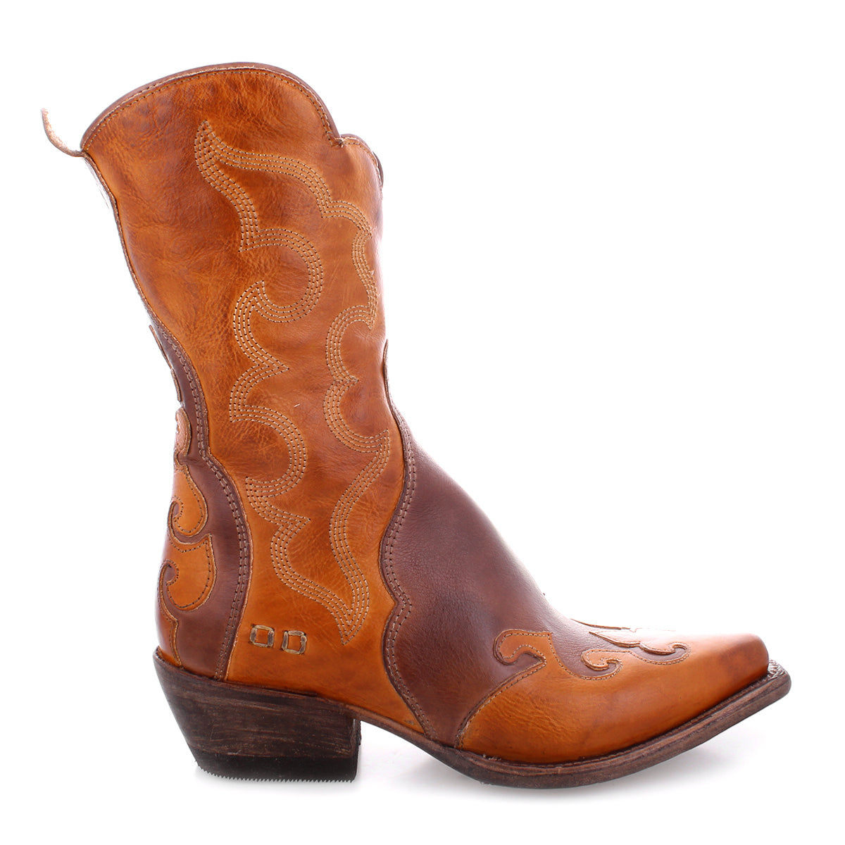 The Deuce boot by Bed|Stü is a brown, vegetable-tanned leather Western boot featuring detailed stitching, a low heel, pointed toe, and curved top. Shown in side profile against a white background.