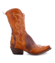 The Deuce boot by Bed|Stü is a brown, vegetable-tanned leather Western boot featuring detailed stitching, a low heel, pointed toe, and curved top. Shown in side profile against a white background.