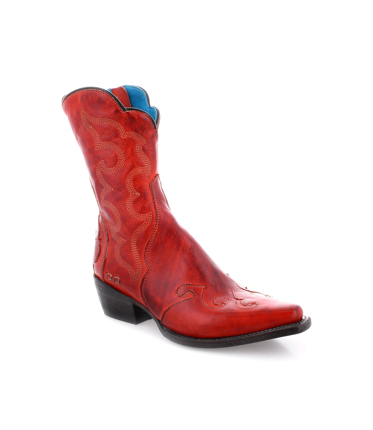 A single Deuce red vegetable-tanned leather cowboy boot by Bed|Stü, featuring detailed stitching, a pointed toe, and a low black heel, displayed against a white background.