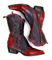 A pair of Deuce short Western boots by Bed|Stü, in dark red and black vegetable-tanned leather with detailed stitching and side zippers, displayed on a white background.