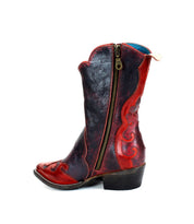 Introducing the Deuce by Bed|Stü: a mid-calf Western boot in black and red vegetable-tanned leather, featuring intricate stitching, a convenient side zipper, and a low heel—displayed in profile against a white background.