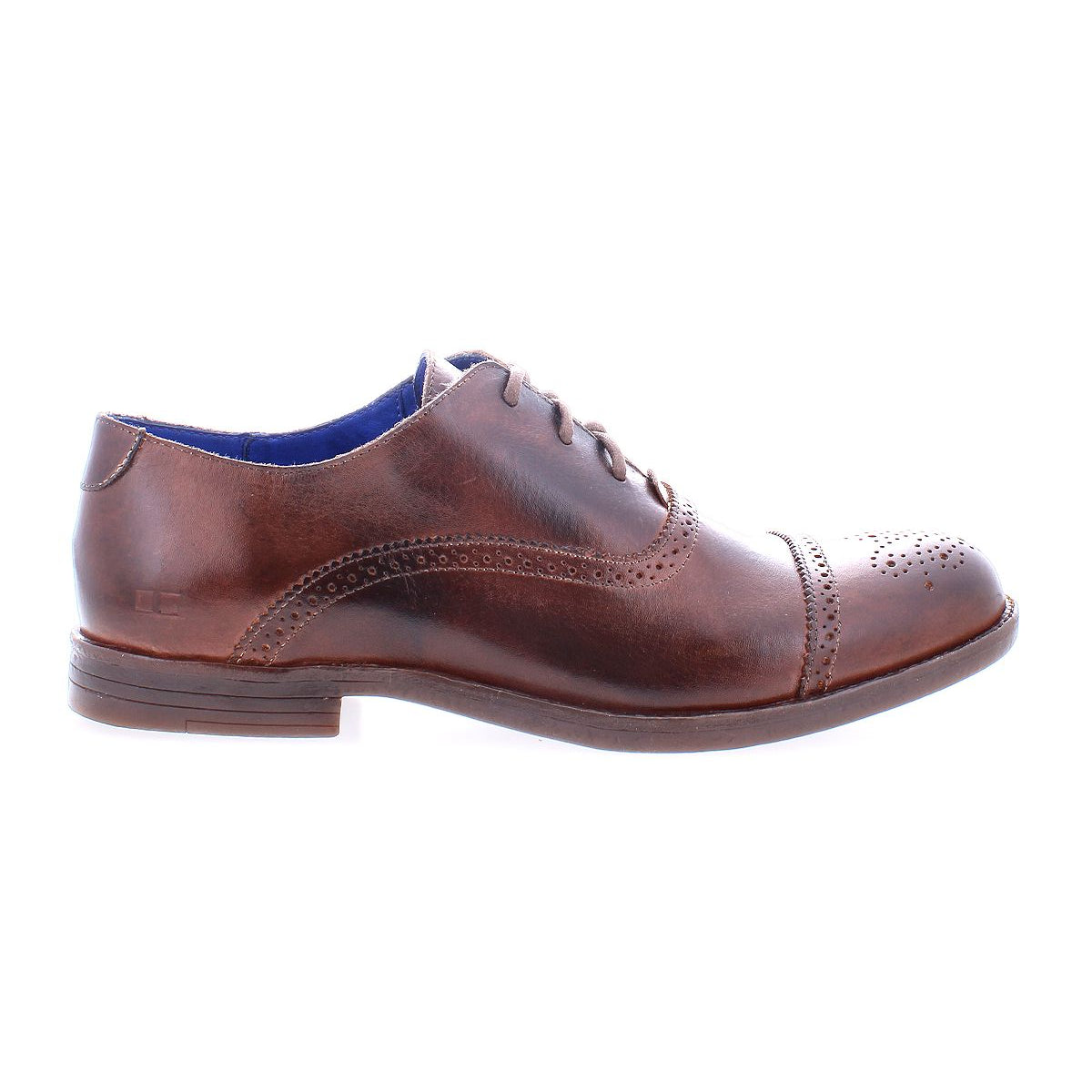 The Bed|Stü Donatello II is a brown leather oxford dress shoe, crafted from premium vegetable-tanned leather with brogue detailing, closed lacing, a classic cap-toe design, and a low heel, shown from the side against a white background.