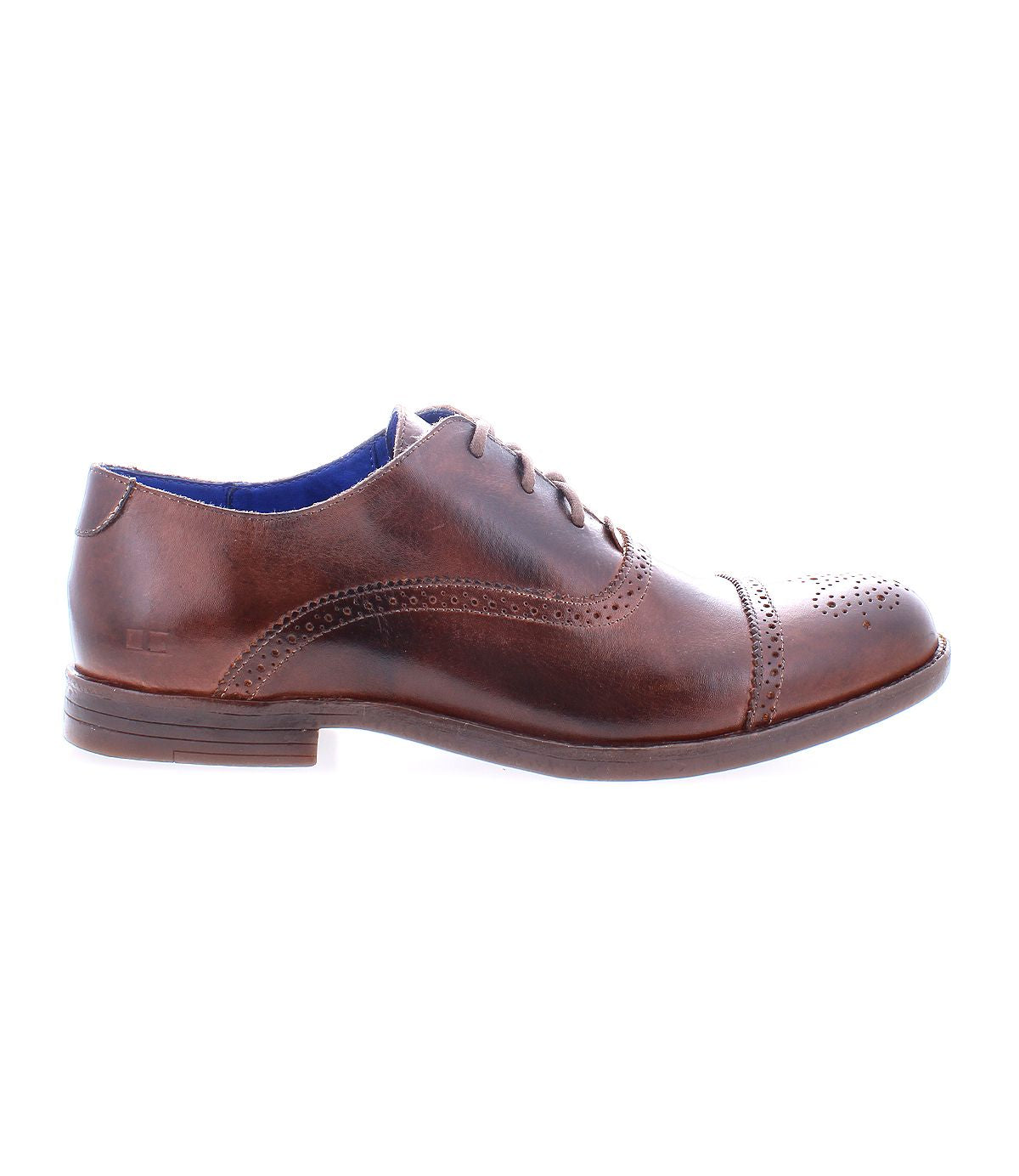 The Bed|Stü Donatello II is a brown leather oxford dress shoe, crafted from premium vegetable-tanned leather with brogue detailing, closed lacing, a classic cap-toe design, and a low heel, shown from the side against a white background.