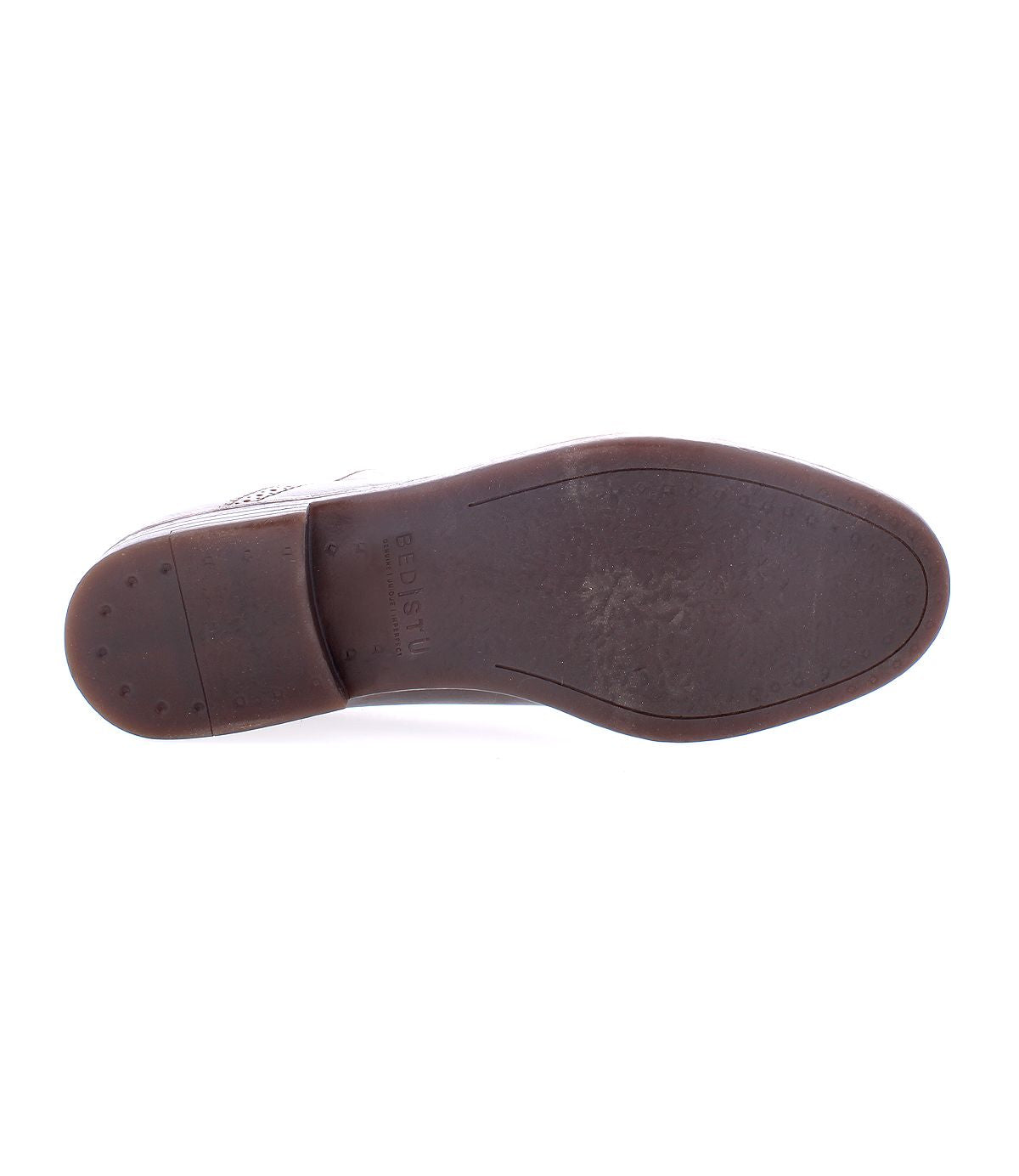 The image shows the bottom view of the Donatello II by Bed|Stü, a brown leather oxford shoe featuring a smooth sole with minimal tread near the heel and toe, expertly crafted from premium vegetable-tanned leather.
