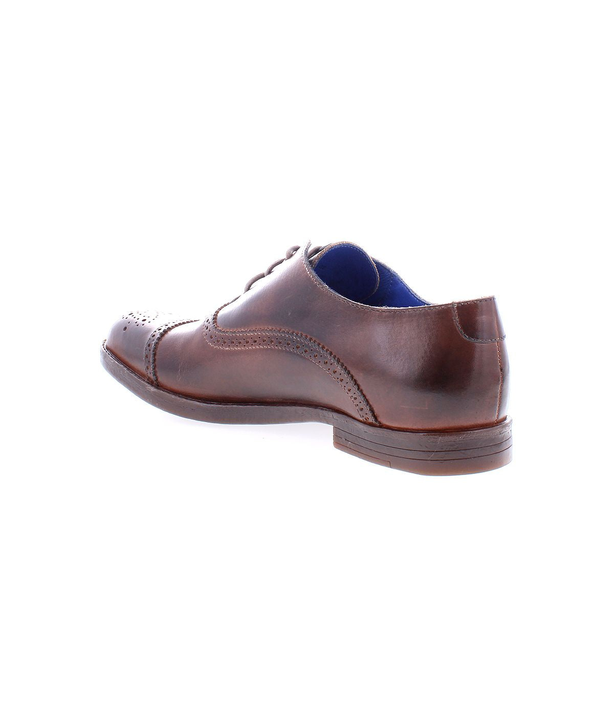 The Bed|Stü Donatello II is a brown leather dress shoe featuring brogue detailing and a classic cap-toe design, shown from the back right side on a white background.