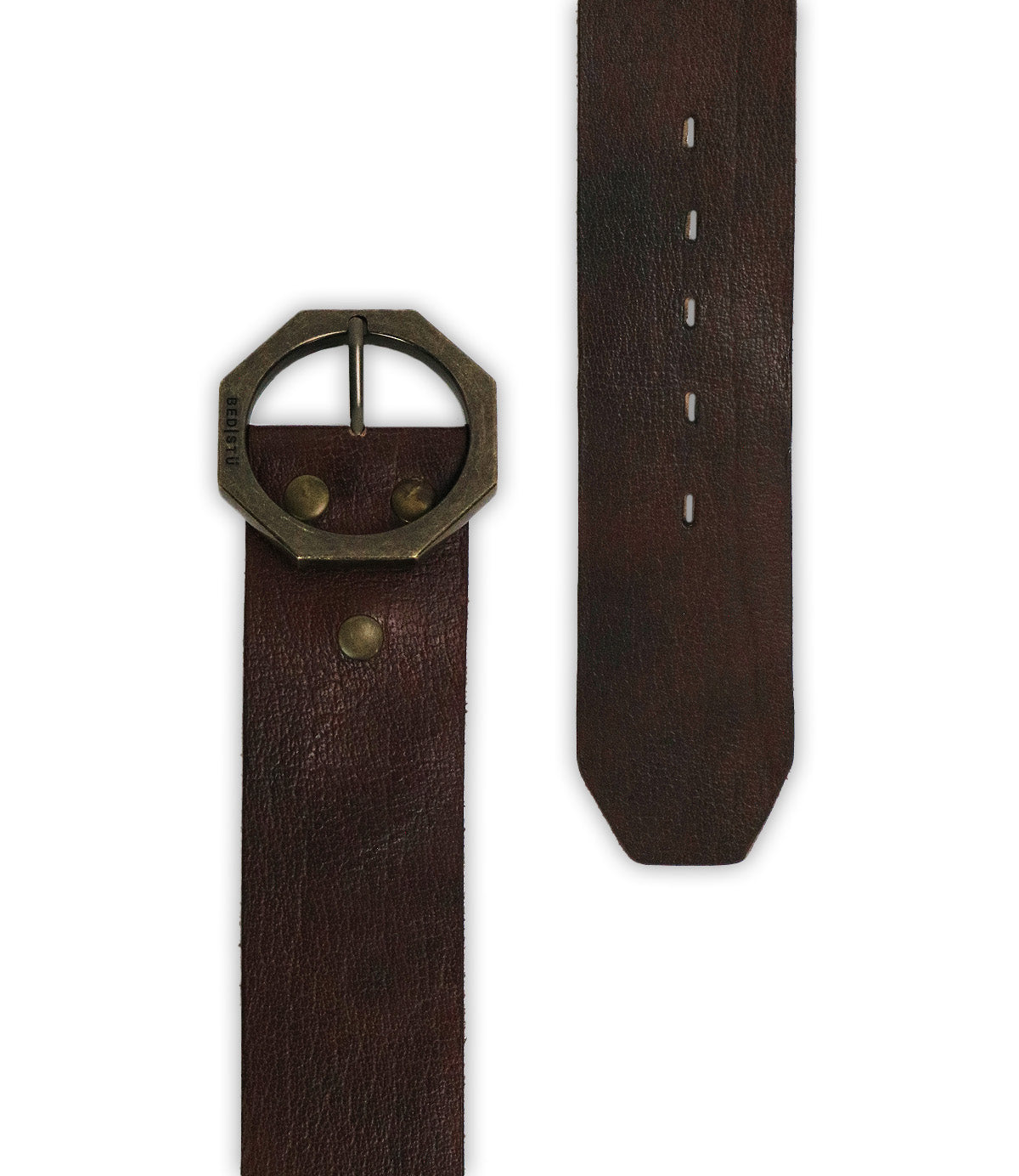 The Bed|Stü Dreampath is a genuine leather belt in rich brown, featuring an octagon metal buckle and two sturdy metal rivets. Shown both fastened and unfastened, it offers multiple adjustment holes for a perfect fit.