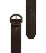 The Bed|Stü Dreampath is a genuine leather belt in rich brown, featuring an octagon metal buckle and two sturdy metal rivets. Shown both fastened and unfastened, it offers multiple adjustment holes for a perfect fit.