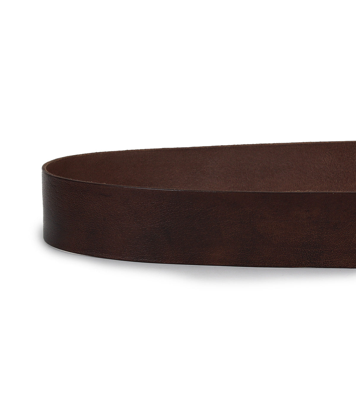 A close-up of a dark brown Bed|Stü Dreampath genuine leather belt laid flat on a white surface, showing only the middle portion without the octagon metal buckle or holes visible.