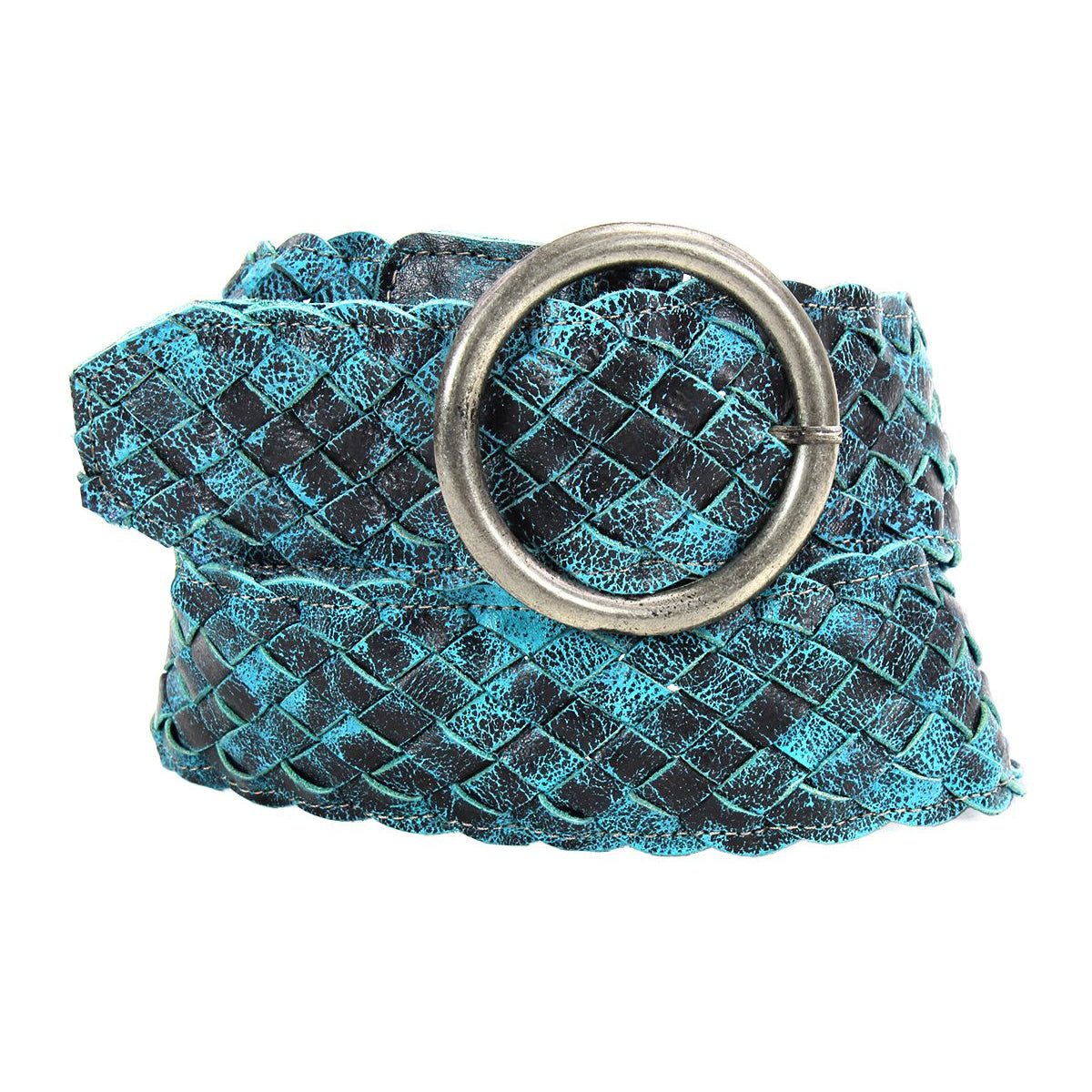 The Bed|Stü Dreamweaver belt, a turquoise and black woven leather accessory featuring artisan craftsmanship and a round silver buckle, is coiled on a white background.