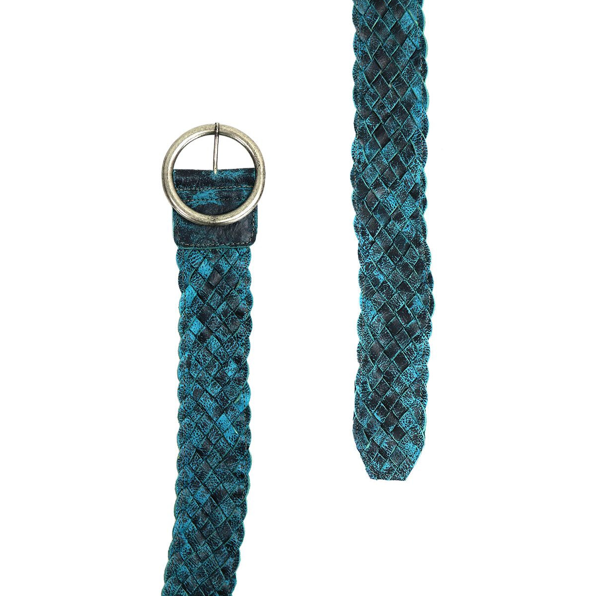 A close-up of the Bed|Stü Dreamweaver woven leather belt in teal and black, featuring a round silver buckle and laid out flat with the end extending upward. This accessory highlights artisan craftsmanship and adds a touch of bohemian style to any outfit.