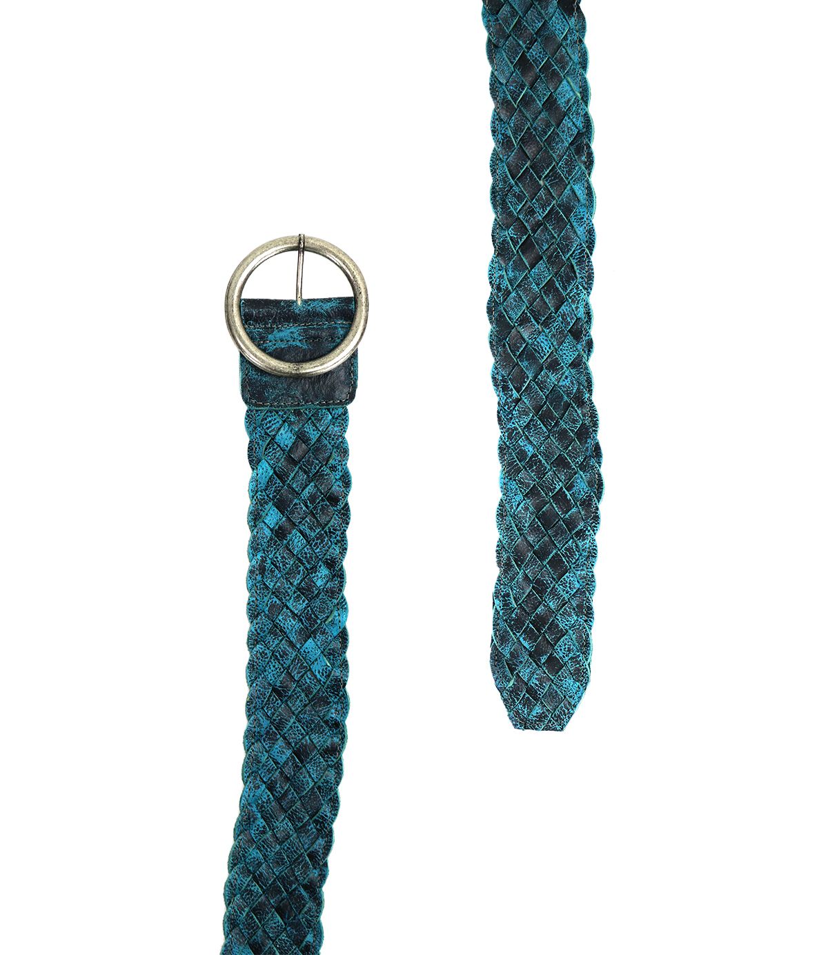 A close-up of the Bed|Stü Dreamweaver woven leather belt in teal and black, featuring a round silver buckle and laid out flat with the end extending upward. This accessory highlights artisan craftsmanship and adds a touch of bohemian style to any outfit.