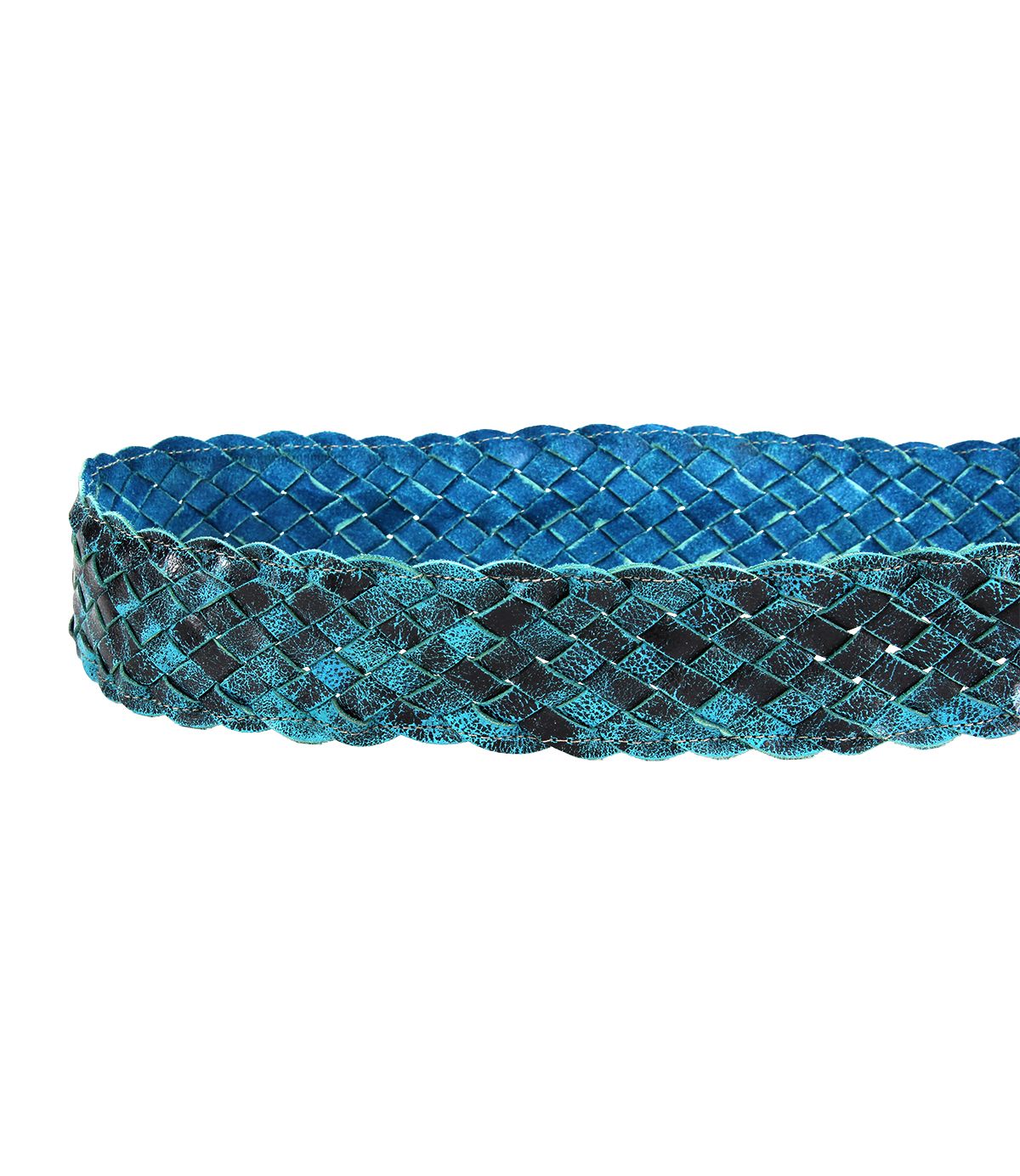 A close-up of the Bed|Stü Dreamweaver belt showcases its intricate blue and black braided pattern and highlights exquisite artisan craftsmanship, set against a white background.