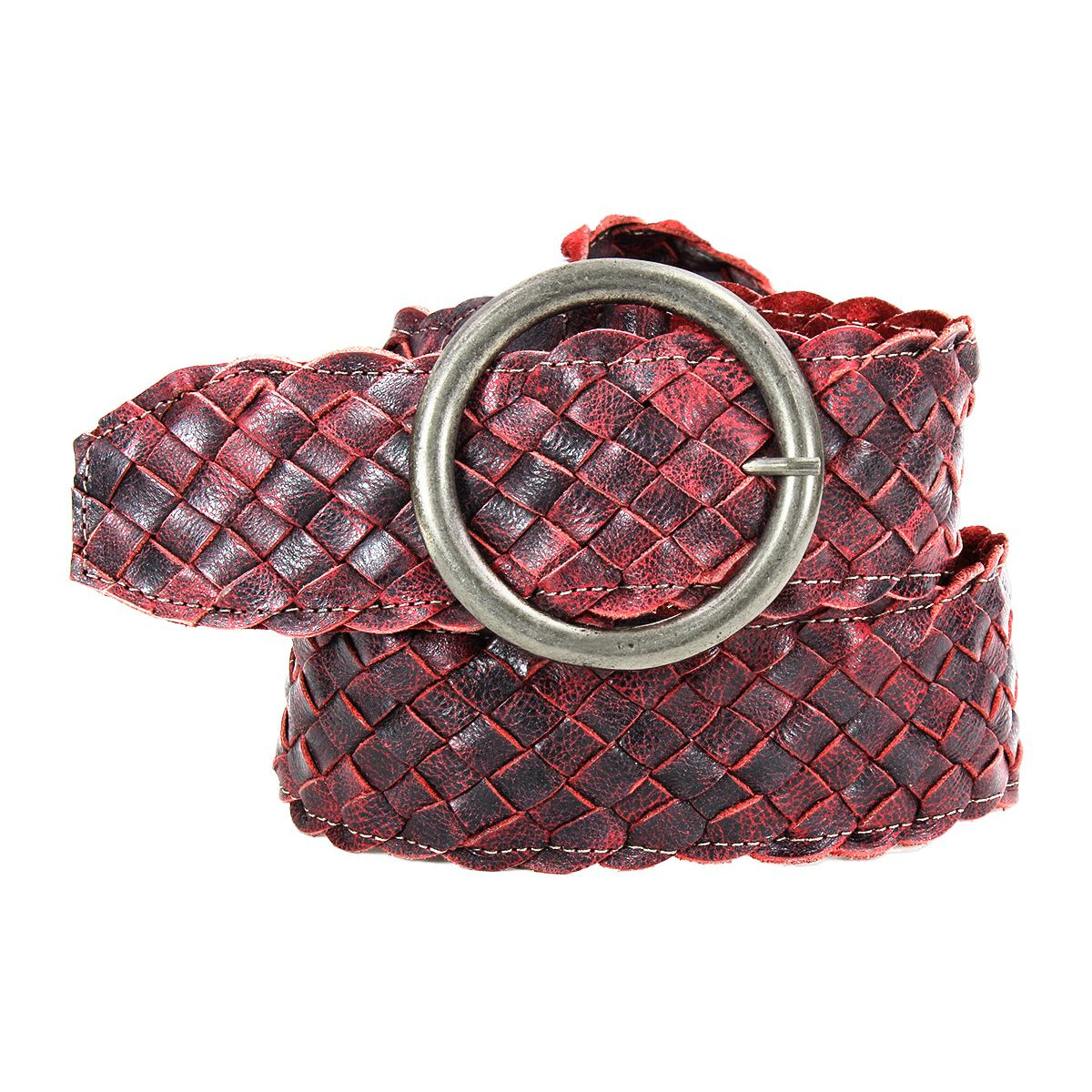 The Dreamweaver belt by Bed|Stü, crafted from woven red and black leather and featuring artisan details with a round silver metal buckle, is coiled on a white background.