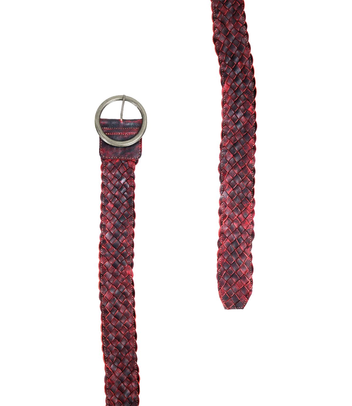 Introducing Dreamweaver by Bed|Stü: a bohemian-inspired woven leather belt, artfully braided in striking red and black hues. This accessory features a round metal buckle and highlights exquisite artisan craftsmanship, beautifully displayed laid flat with one end apart from the other.