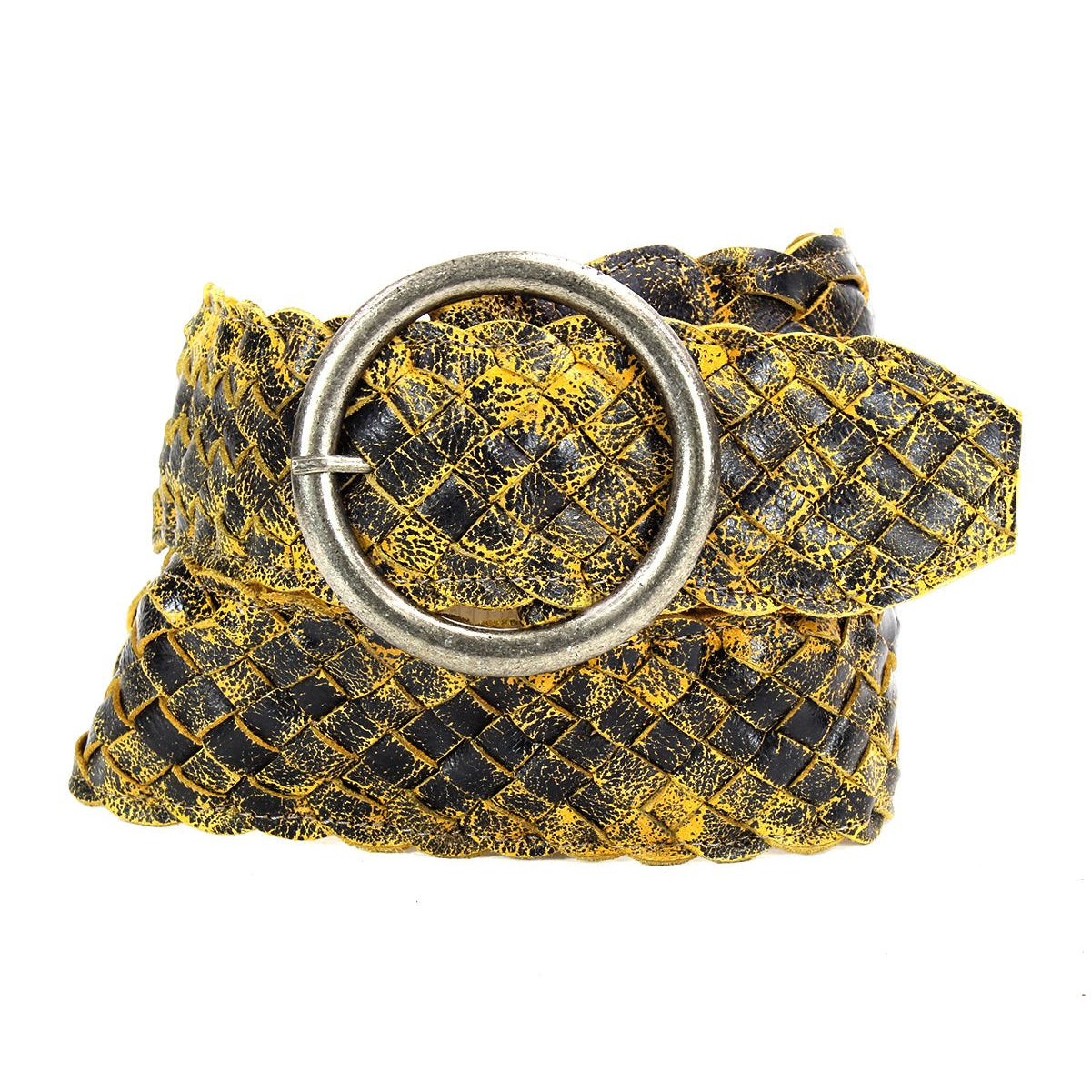 The Bed|Stü Dreamweaver belt, crafted from woven black and yellow leather with artisan detailing, features a large round silver buckle and is displayed neatly coiled on a white background.