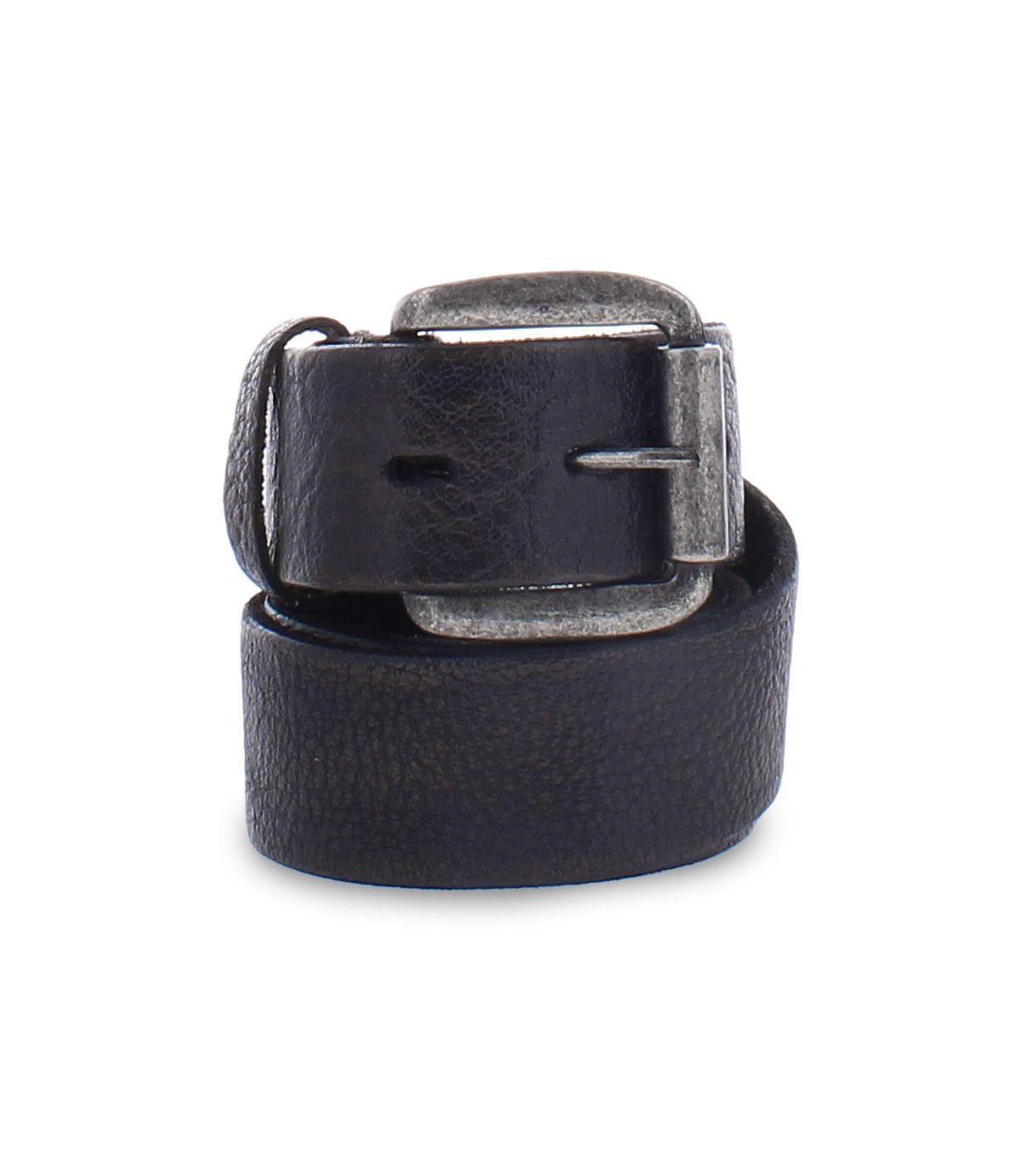 The Bed|Stü Drifter is a rolled-up black leather belt featuring a metal buckle, displayed against a white background to highlight its minimal style and textured leather strap.