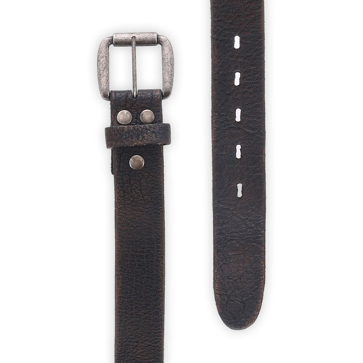 The Drifter belt by Bed|Stü is displayed here, featuring a textured black leather strap and a sleek silver metal buckle; its multiple adjustment holes and minimalist design make it a versatile accessory.