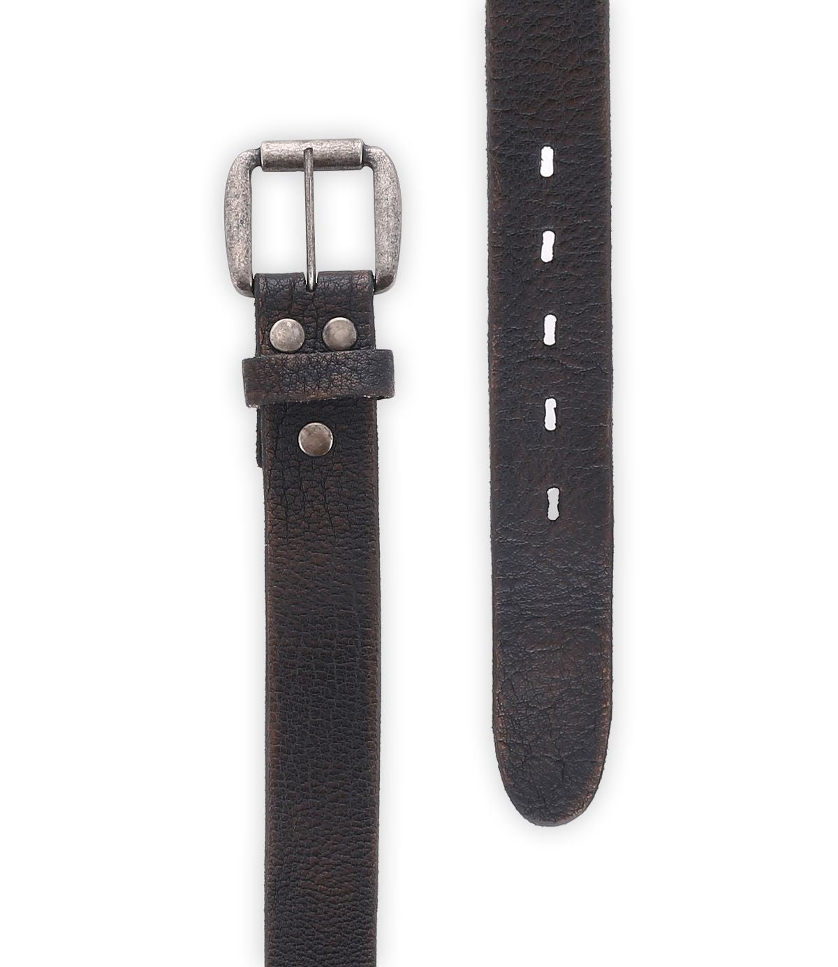 The Drifter belt by Bed|Stü is displayed here, featuring a textured black leather strap and a sleek silver metal buckle; its multiple adjustment holes and minimalist design make it a versatile accessory.