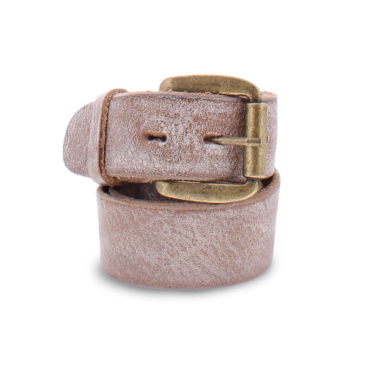The Bed|Stü Drifter is a brown leather belt with a minimal design, featuring a textured leather strap and a sturdy metal buckle, shown rolled up and standing upright on a white background.