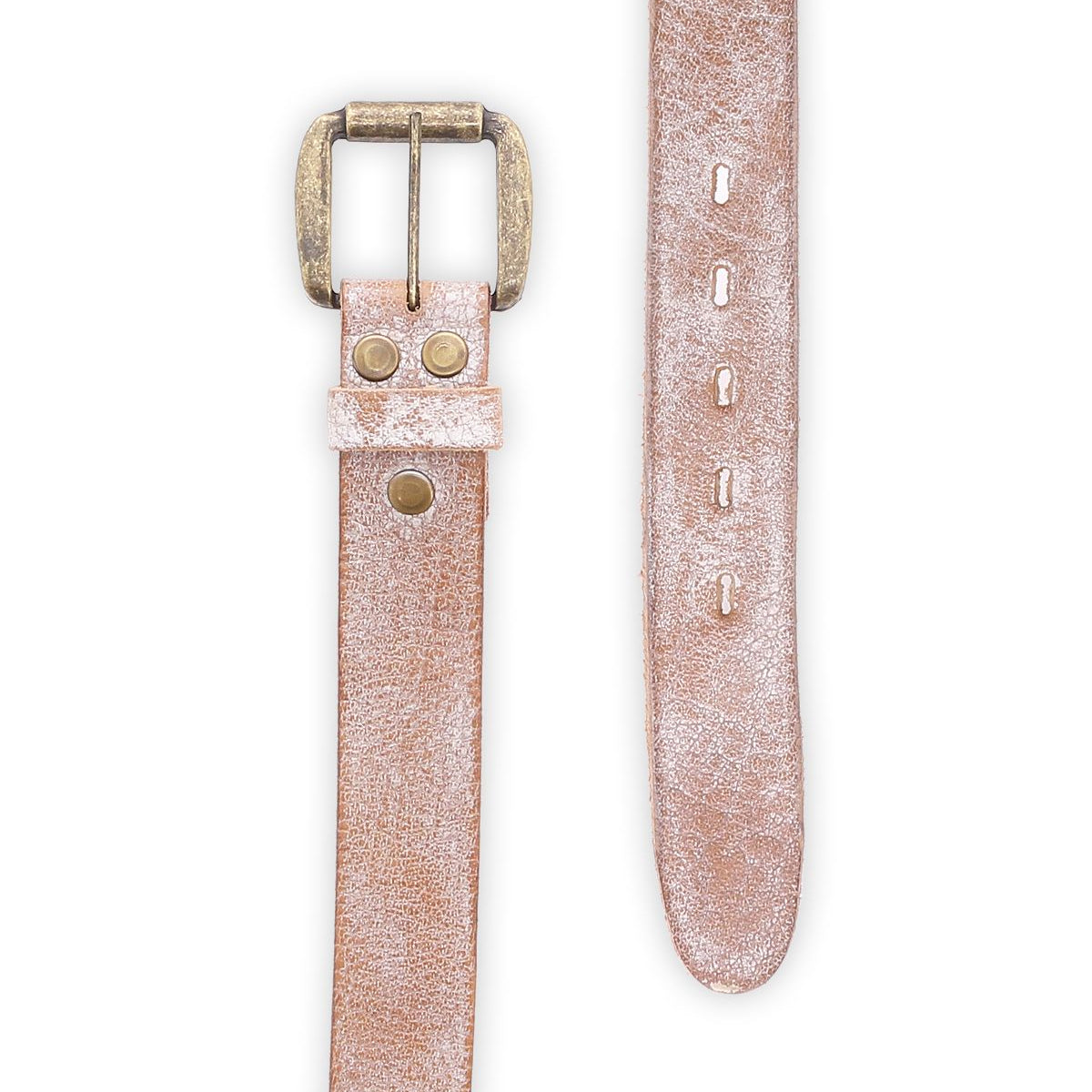 The Drifter by Bed|Stü is shown, featuring a tan, distressed textured leather strap with a metal buckle and metal rivets, as well as adjustment holes along the belt for a minimal style.