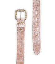 The Drifter by Bed|Stü is shown, featuring a tan, distressed textured leather strap with a metal buckle and metal rivets, as well as adjustment holes along the belt for a minimal style.