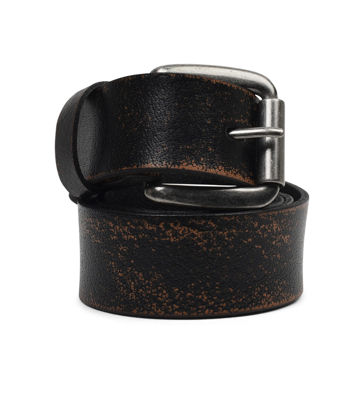 A well-worn Bed|Stü Drifter belt in black, featuring a distressed textured leather strap with visible scuff marks and a tarnished metal buckle, coiled neatly.