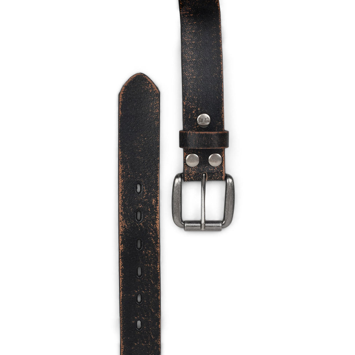 A close-up of the Bed|Stü Drifter, featuring a worn black textured leather strap with a metal buckle and multiple adjustment holes, displayed in a minimal style on a white background.