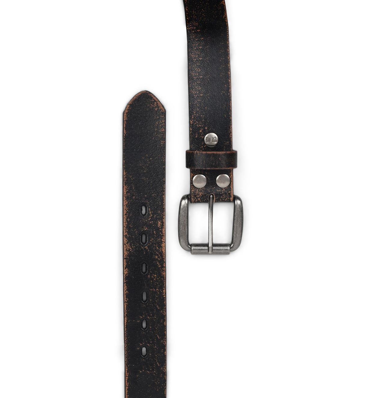 A close-up of the Bed|Stü Drifter, featuring a worn black textured leather strap with a metal buckle and multiple adjustment holes, displayed in a minimal style on a white background.