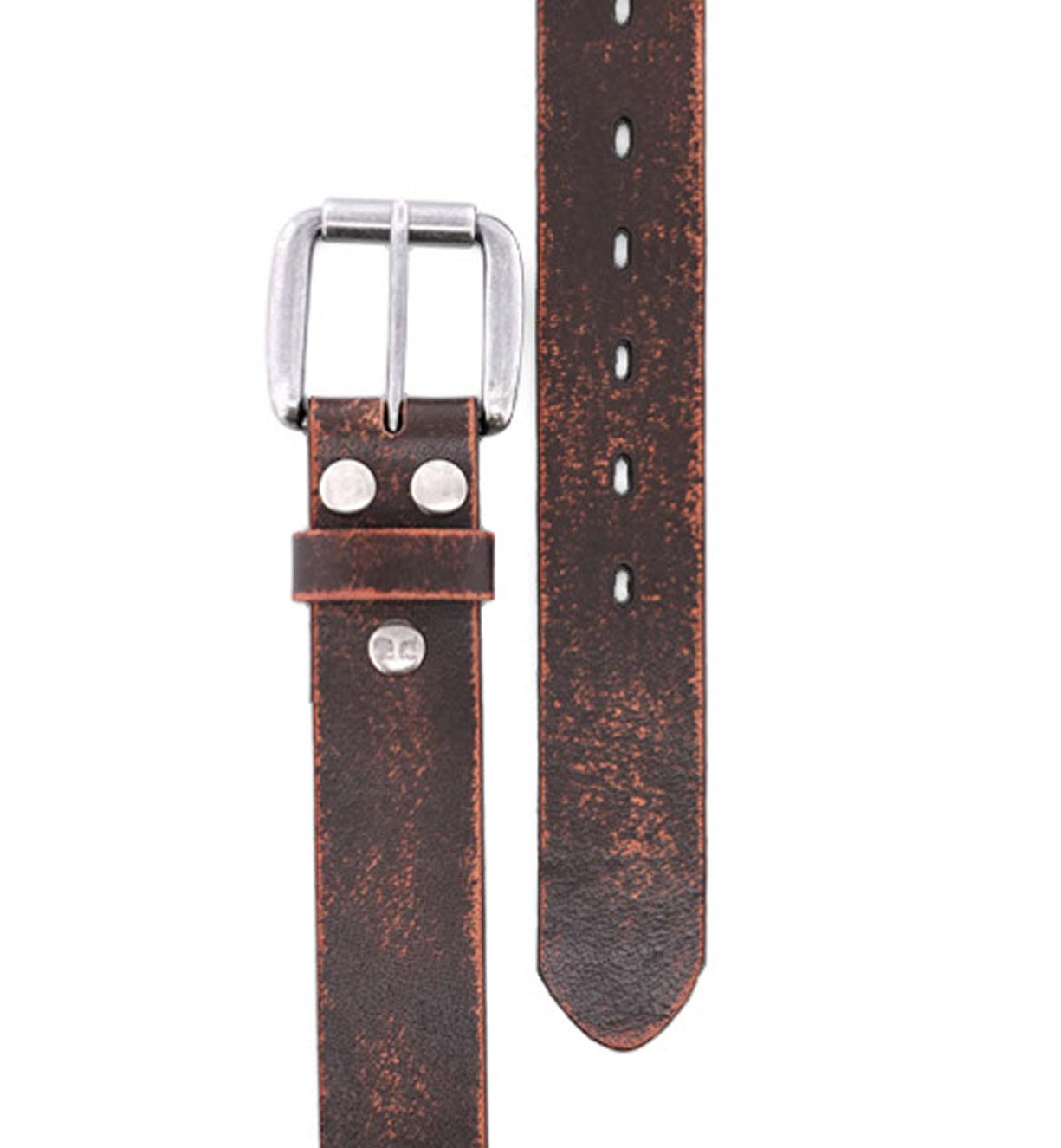 The Drifter strap by Bed|Stü, crafted from dark brown distressed textured leather, features a metal buckle, metal rivets, and punched holes. Displayed against a white background for a minimal style look, the strap is shown from both the buckle and tip ends.