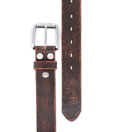 The Drifter strap by Bed|Stü, crafted from dark brown distressed textured leather, features a metal buckle, metal rivets, and punched holes. Displayed against a white background for a minimal style look, the strap is shown from both the buckle and tip ends.