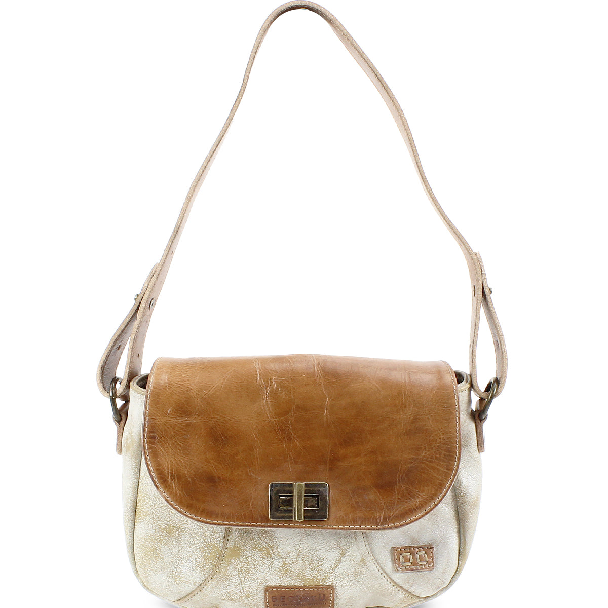 Introducing the Bed|Stü Elect: a two-tone shoulder bag featuring a brown leather flap, beige body, adjustable strap, and a front metal clasp. This piece seamlessly blends vintage charm with everyday practicality—perfect for daily use.