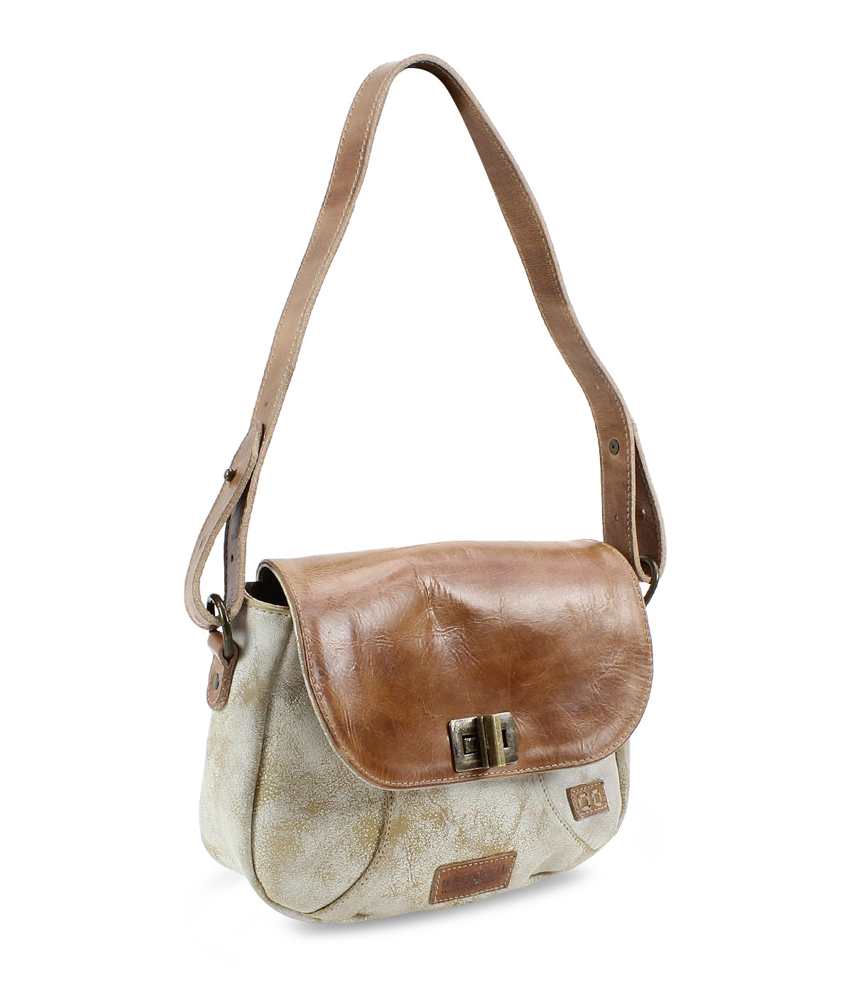 The Bed|Stü Elect small shoulder bag, featuring a light beige body, brown leather flap, adjustable strap, and metal clasp closure, is displayed against a white background—exuding vintage charm that's perfect for everyday use.