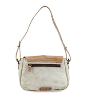 Introducing the Elect by Bed|Stü—a beige and tan shoulder bag featuring a front zipper pocket, adjustable strap, and a small Bed|Stü logo patch at the bottom center. This versatile accessory effortlessly blends vintage charm with practical details, making it perfect for everyday use.