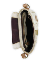 Top view of the open Bed|Stü Elect handbag in beige, featuring a brown interior with an empty main compartment, flap, and buckle closure—this versatile shoulder bag blends vintage charm and practical design for everyday use.